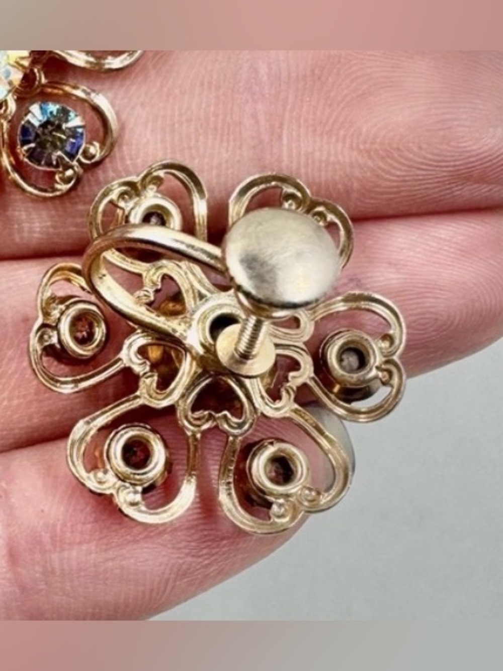 Vintage AB Rhinestone Flower Screw Back Earrings